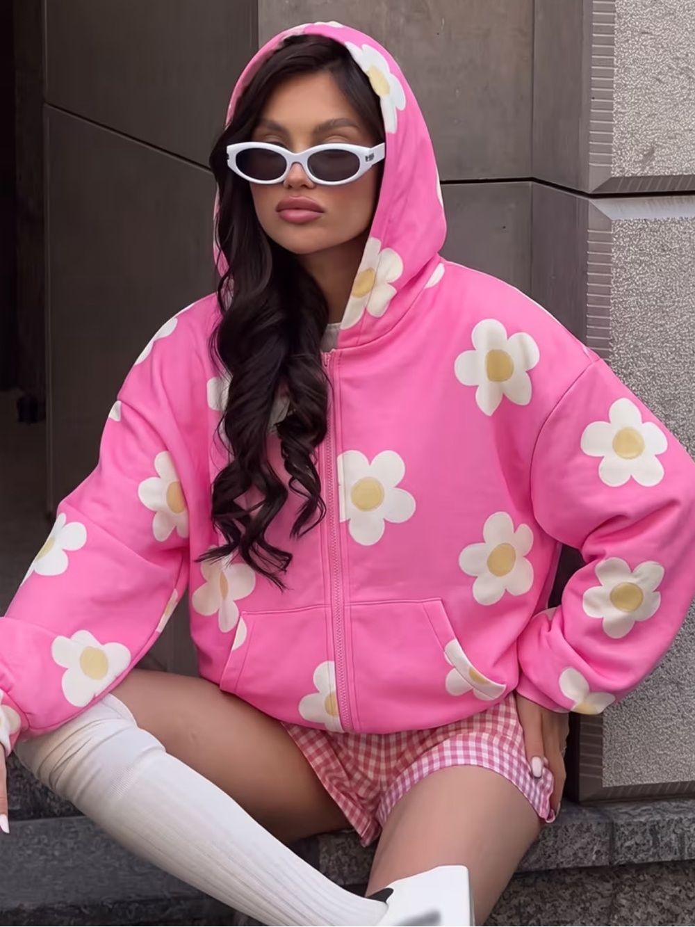 Women's Bright Color Small Daisy Print Zip-Up Hooded Sweatshirt, Y2K Loose